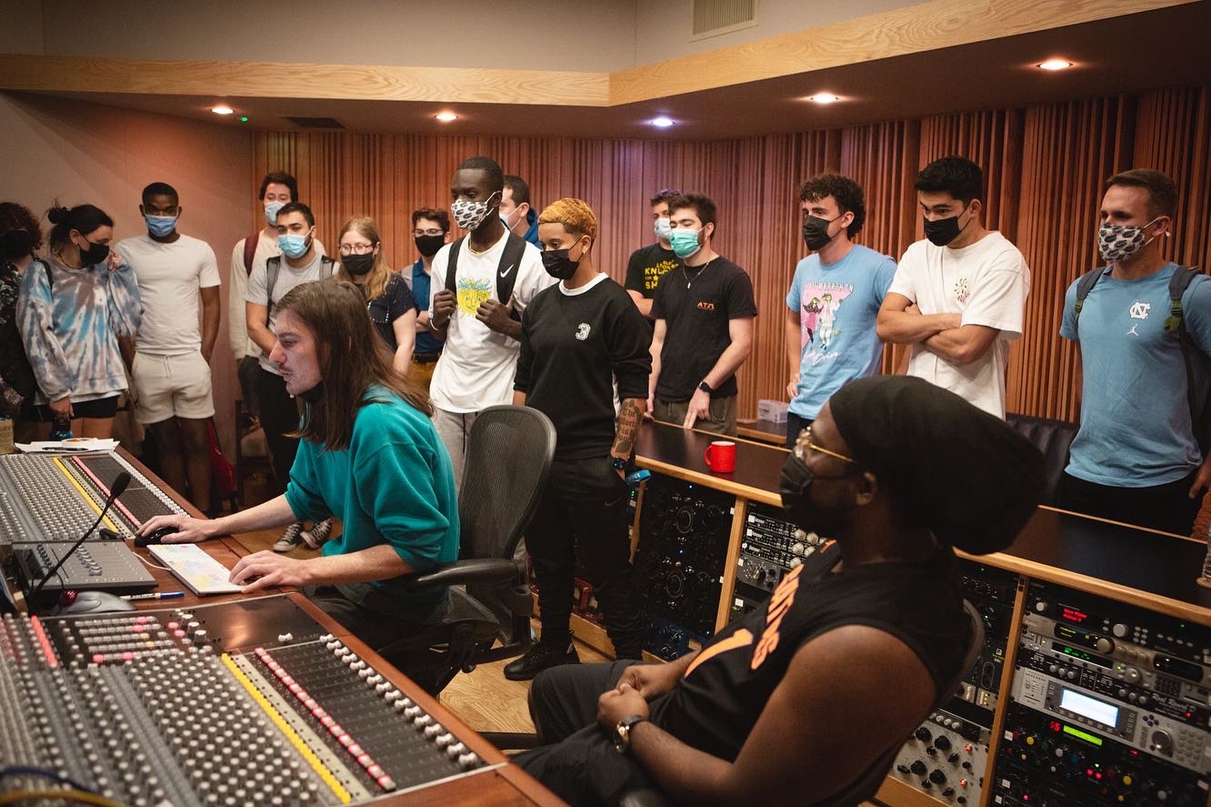 University of Florida students gathered in the control room at Pulp Arts during the hands-on recording experience